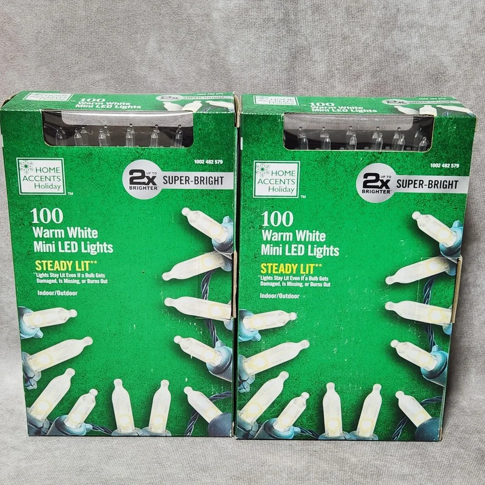 2-pack Home Accents Holiday 100 Warm White Mini‎ LED Lights Steady Lit Christmas